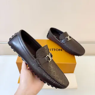 Louis Vuitton Mocassim Marrom Dourado Monogram-Embossed Couro Alça com Fivela LV