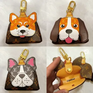 Louis Vuitton भूरा नारंगी कुत्ते के चेहरे एप्लिके मॉनोग्राम कैनवास हैंडबैग