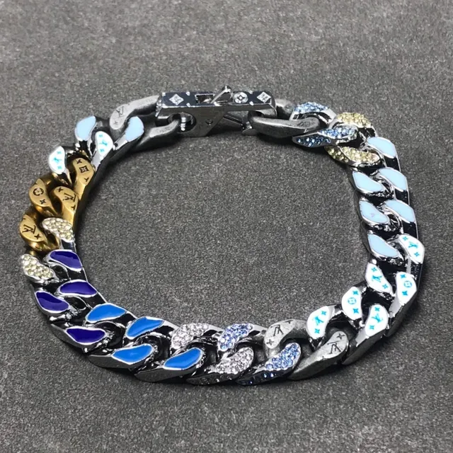 Louis Vuitton Chain Reaction Bracelet Bleu Argent Chaîne Curb-Link Incrustation Émaillée 4