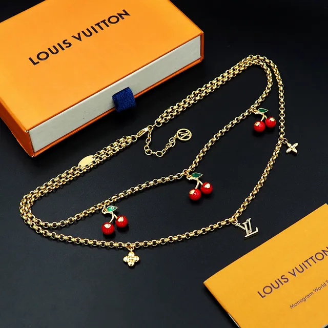 Louis Vuitton চেরি মোটিফ ডাবল চেইন গোল্ড নেকলেস 2