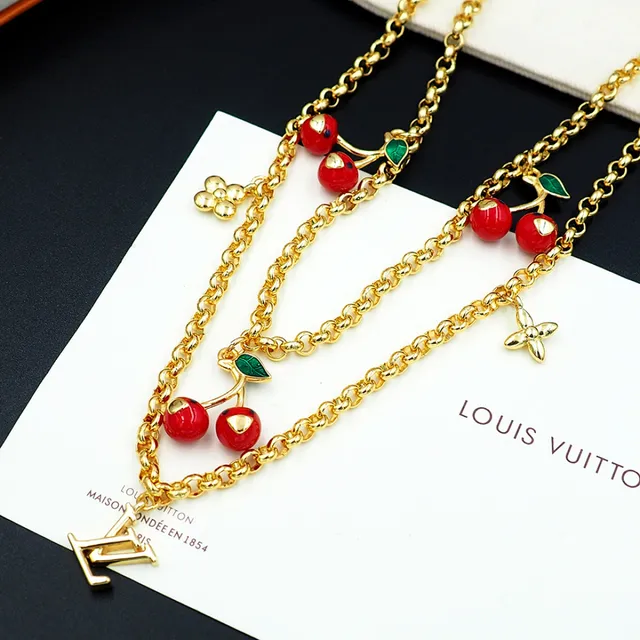Louis Vuitton চেরি মোটিফ ডাবল চেইন গোল্ড নেকলেস 3