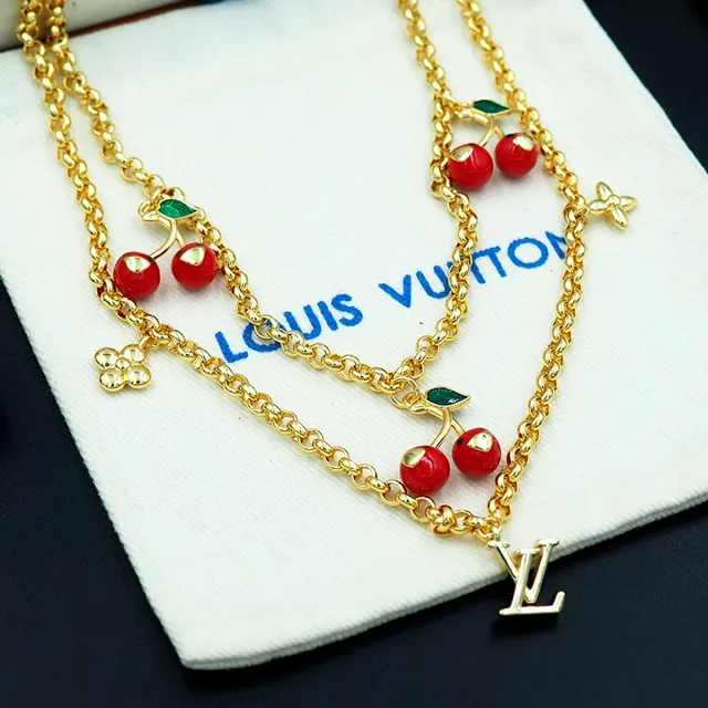 Louis Vuitton চেরি মোটিফ ডাবল চেইন গোল্ড নেকলেস 5