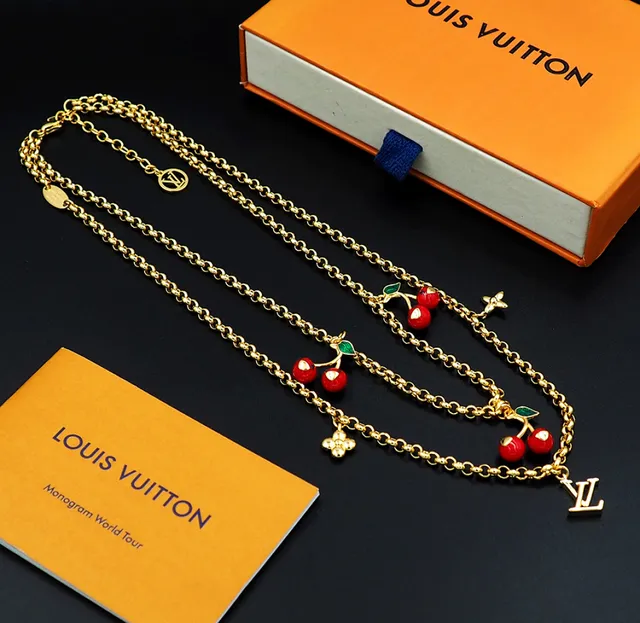 Louis Vuitton চেরি মোটিফ ডাবল চেইন গোল্ড নেকলেস 6