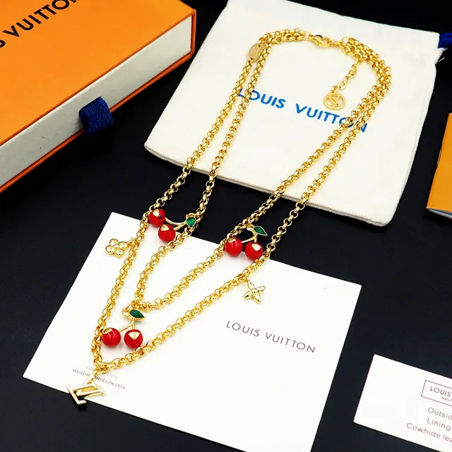 Louis Vuitton চেরি মোটিফ ডাবল চেইন গোল্ড নেকলেস 8