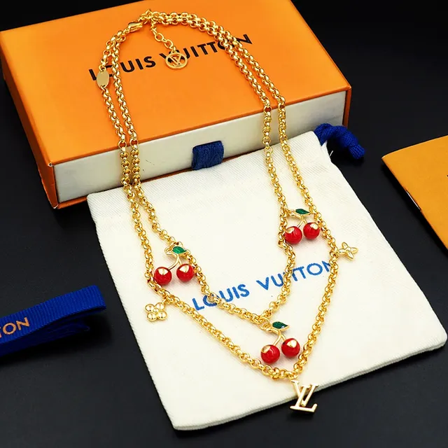 Louis Vuitton চেরি মোটিফ ডাবল চেইন গোল্ড নেকলেস 10