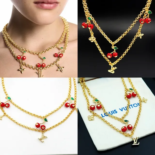 Louis Vuitton চেরি মোটিফ ডাবল চেইন গোল্ড নেকলেস 11