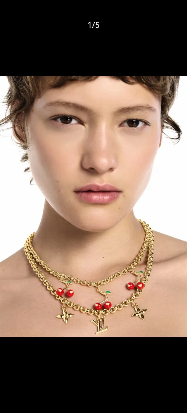Louis Vuitton চেরি মোটিফ ডাবল চেইন গোল্ড নেকলেস 12