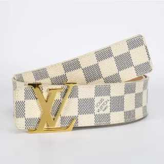 Louis Vuitton Damier Azur बेज नेवी चेकरबोर्ड कैनवास सुनहरा LV Monogram बकल चमड़ा बेल्ट