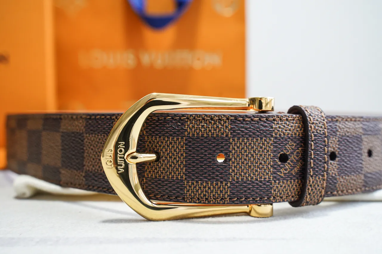 Louis Vuitton Damier Ebène भूरा सोना कैनवास बकल चमड़े की बेल्ट 2