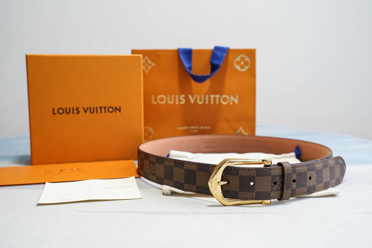 Louis Vuitton Damier Ebène भूरा सोना कैनवास बकल चमड़े की बेल्ट 3