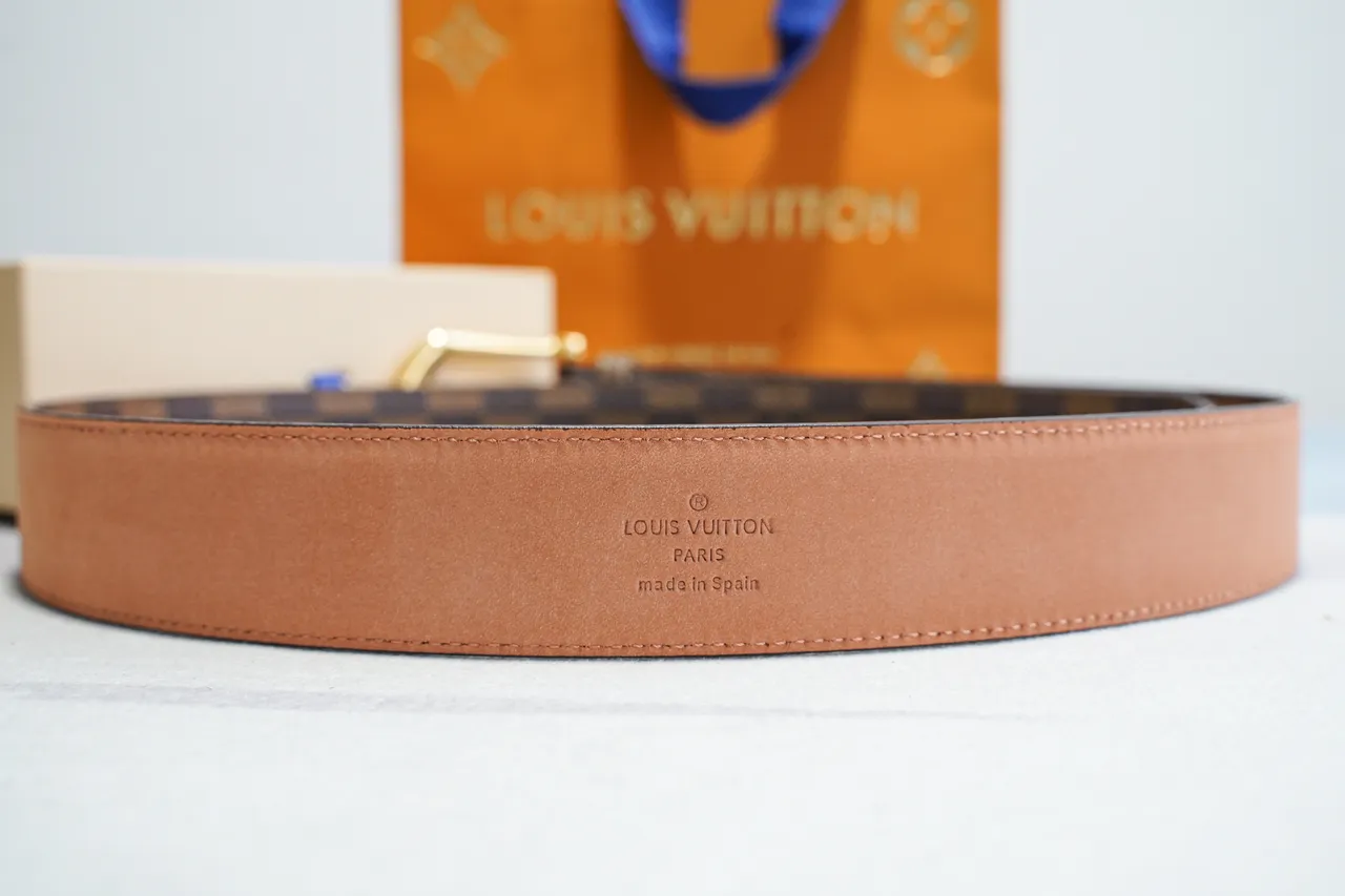 Louis Vuitton Damier Ebène भूरा सोना कैनवास बकल चमड़े की बेल्ट 7
