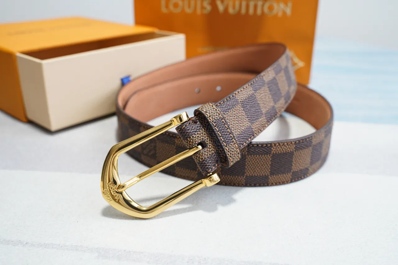 Louis Vuitton Damier Ebène भूरा सोना कैनवास बकल चमड़े की बेल्ट 9