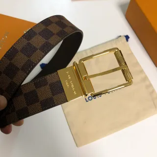 Louis Vuitton Damier Ebène Reversible Belt marrom dourado tela xadrez fecho retangular polido couro