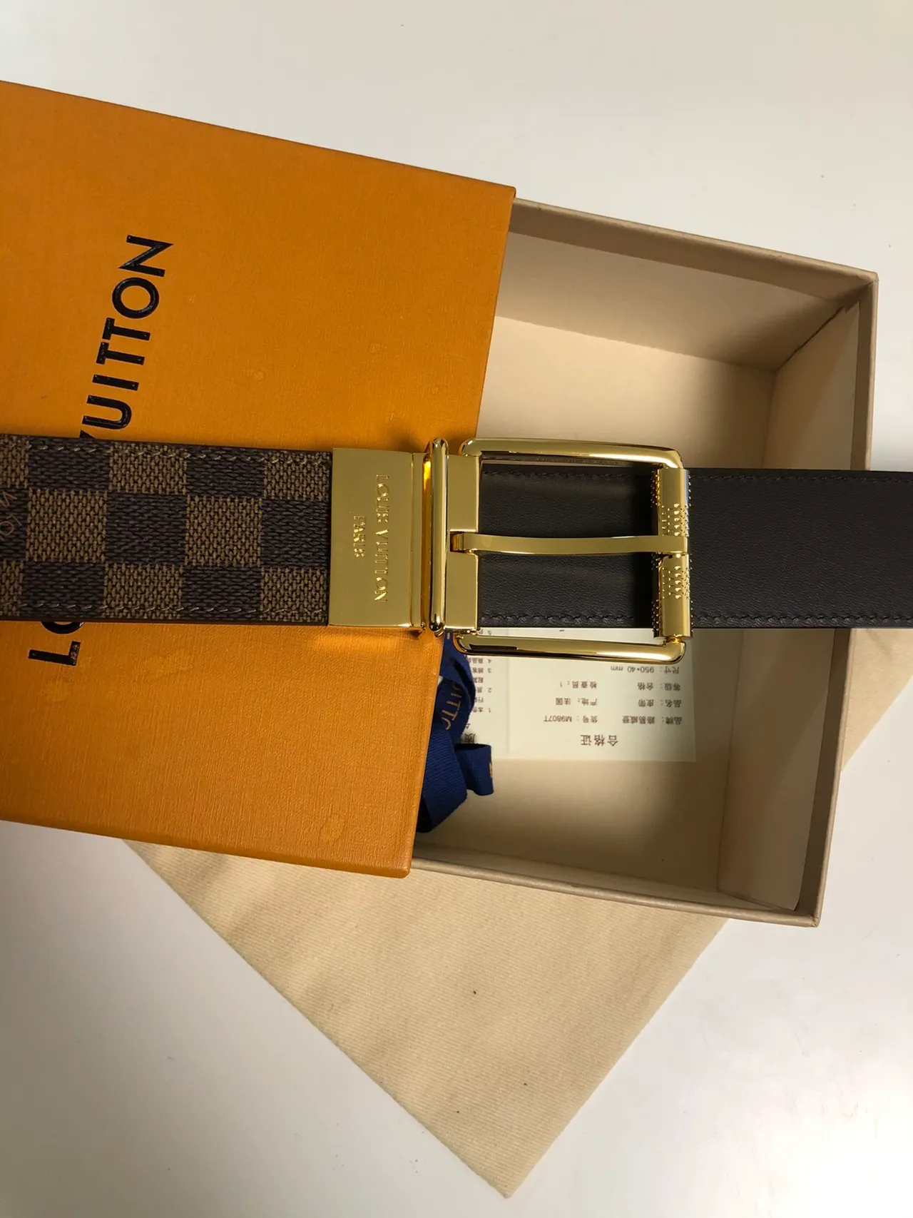Louis Vuitton Damier Ebène Reversible Belt marrom dourado tela xadrez fecho retangular polido couro 2