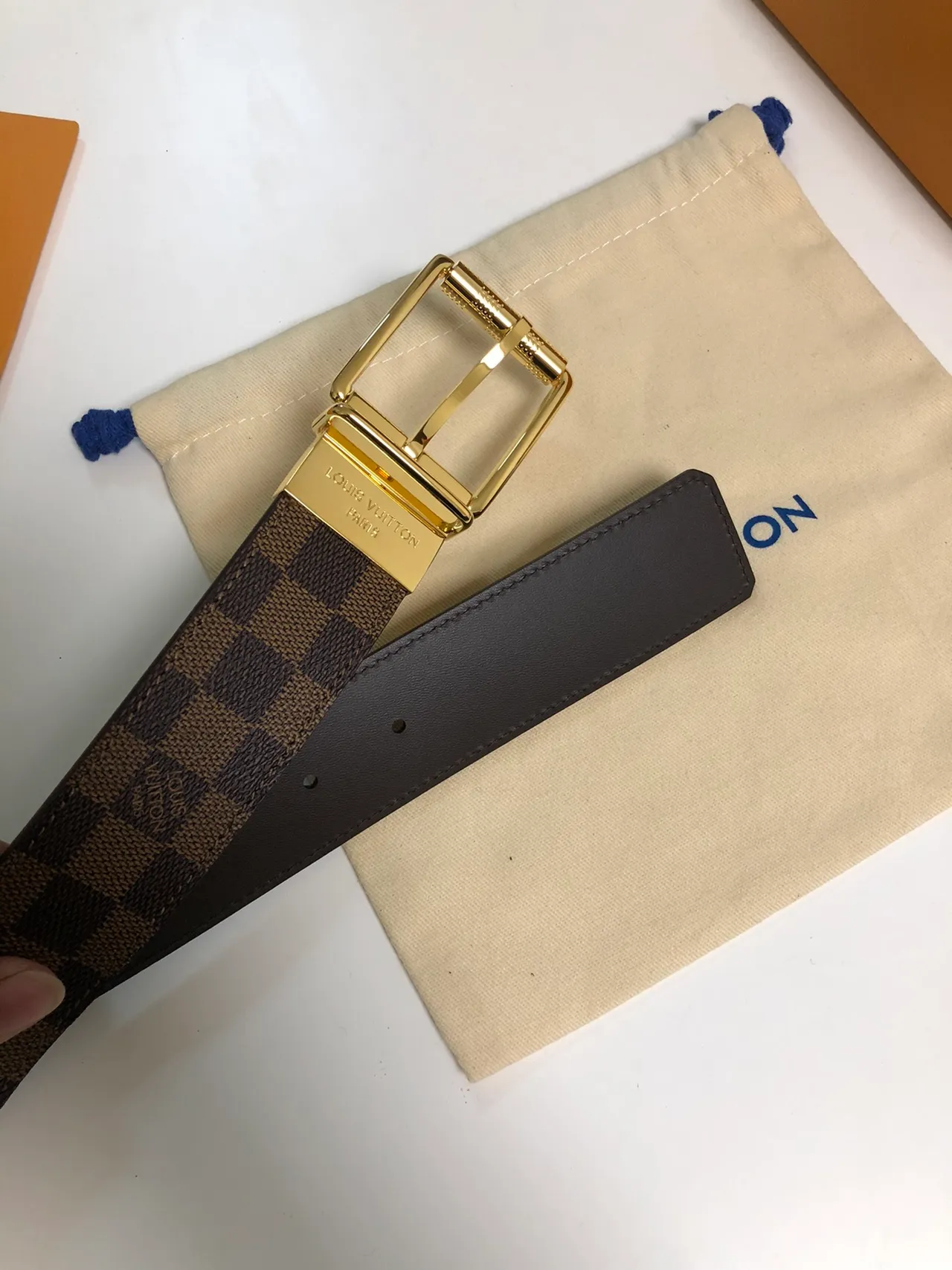 Louis Vuitton Damier Ebène Reversible Belt marrom dourado tela xadrez fecho retangular polido couro 3
