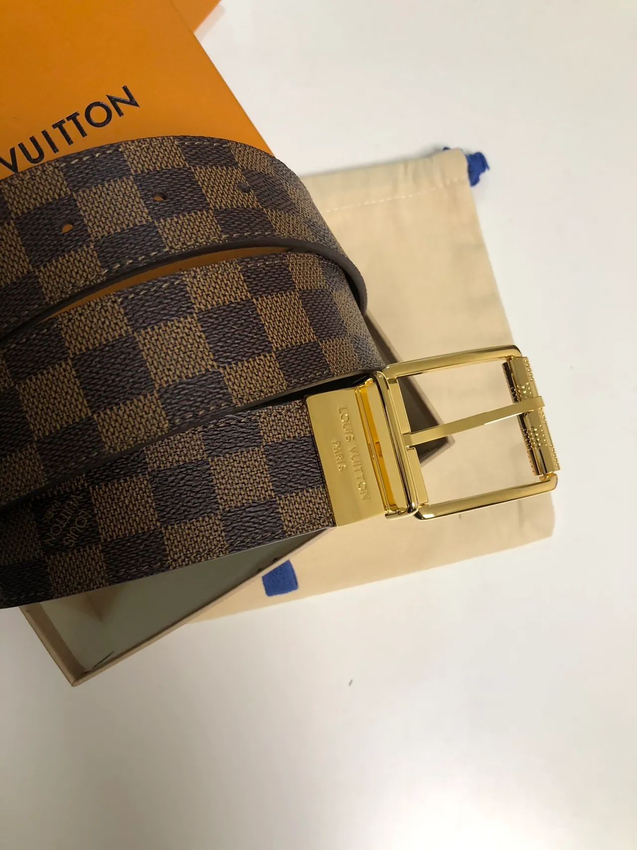 Louis Vuitton Damier Ebène Reversible Belt marrom dourado tela xadrez fecho retangular polido couro 4