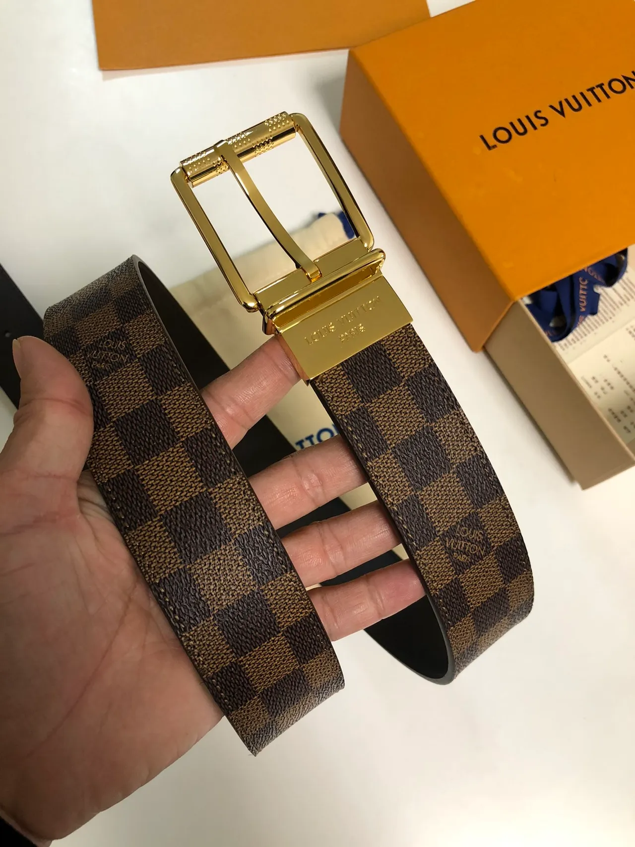 Louis Vuitton Damier Ebène Reversible Belt marrom dourado tela xadrez fecho retangular polido couro 5