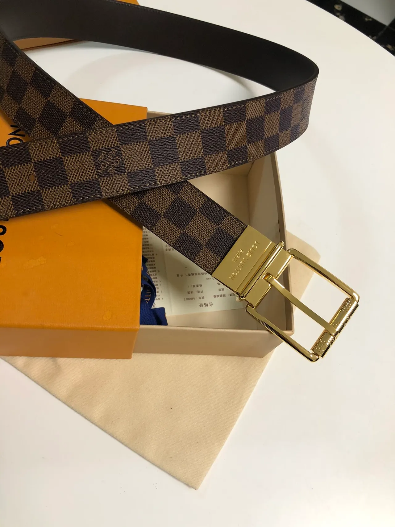 Louis Vuitton Damier Ebène Reversible Belt marrom dourado tela xadrez fecho retangular polido couro 6