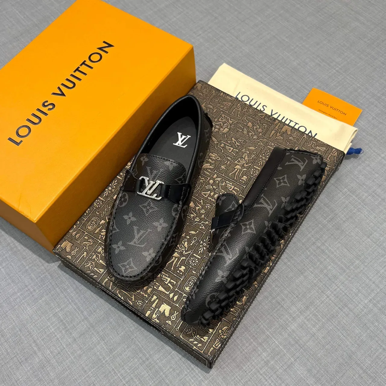 Louis Vuitton Driver Black Gray Monogram Canvas Metal LV Buckle Loafer 2