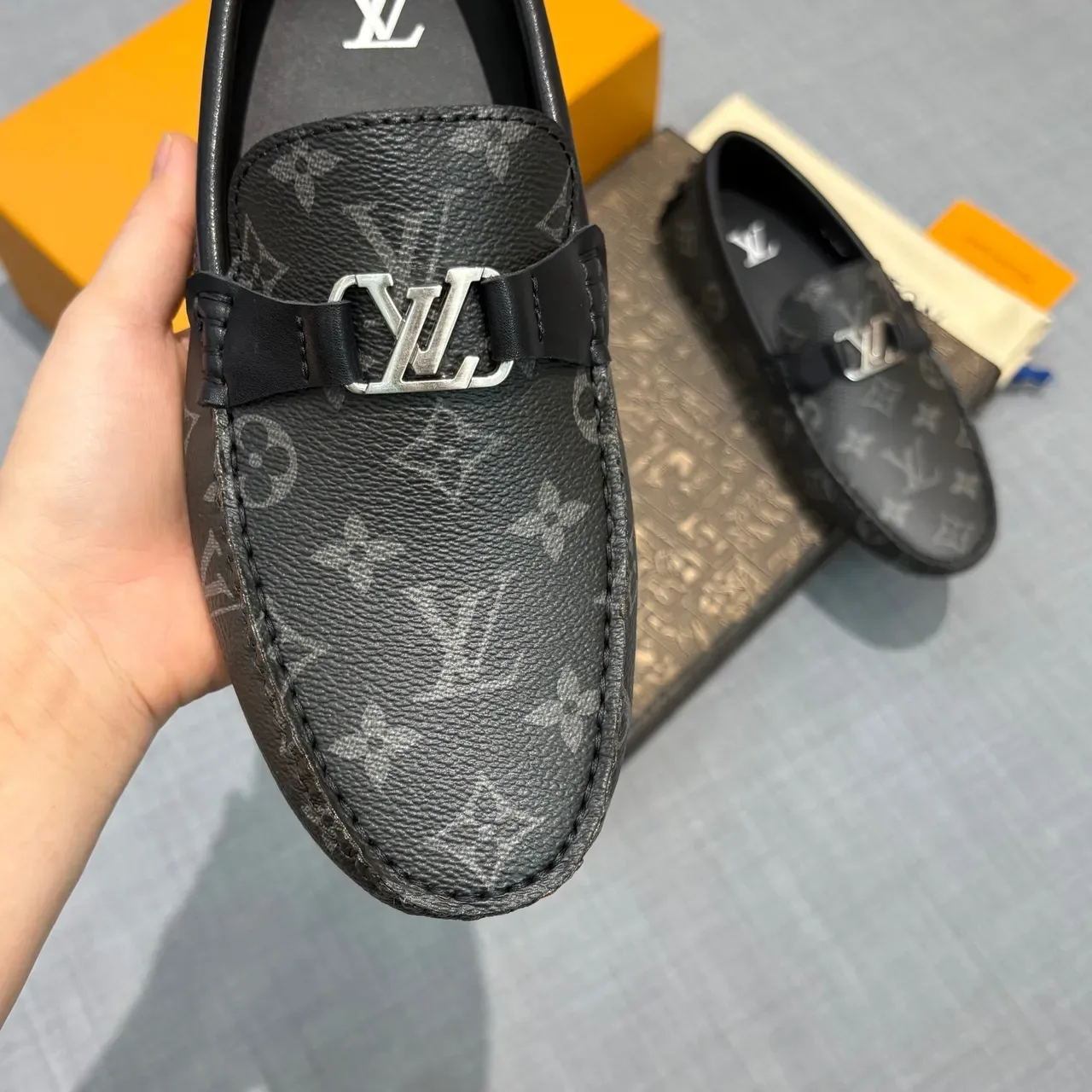 Louis Vuitton Driver Black Gray Monogram Canvas Metal LV Buckle Loafer 4