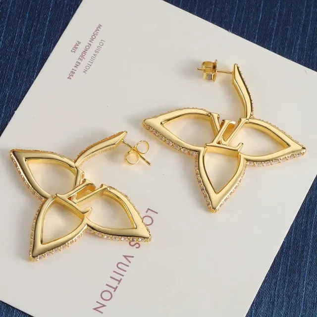 Louis Vuitton Aretes Florales Dorados Plata Abiertos Floral Pavé Cristal Borde 7