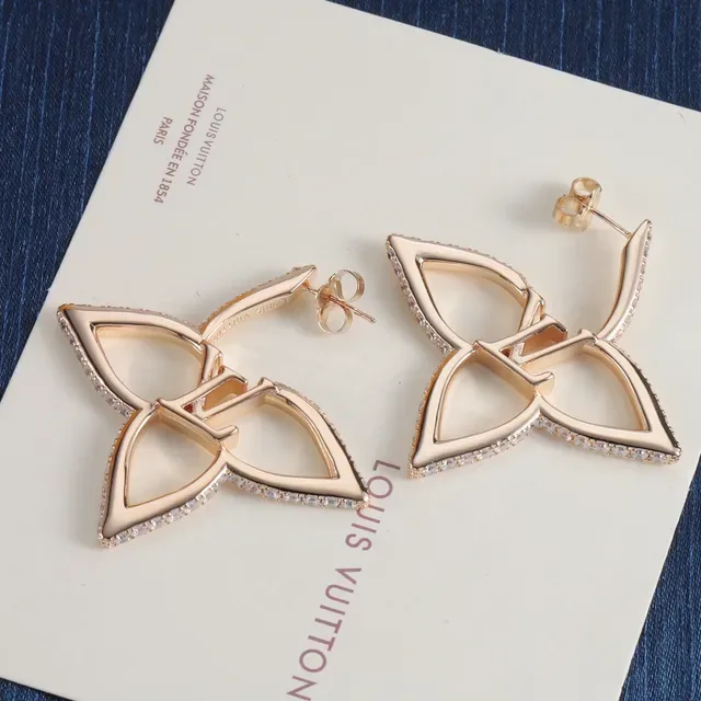 Louis Vuitton Aretes Florales Dorados Plata Abiertos Floral Pavé Cristal Borde 8
