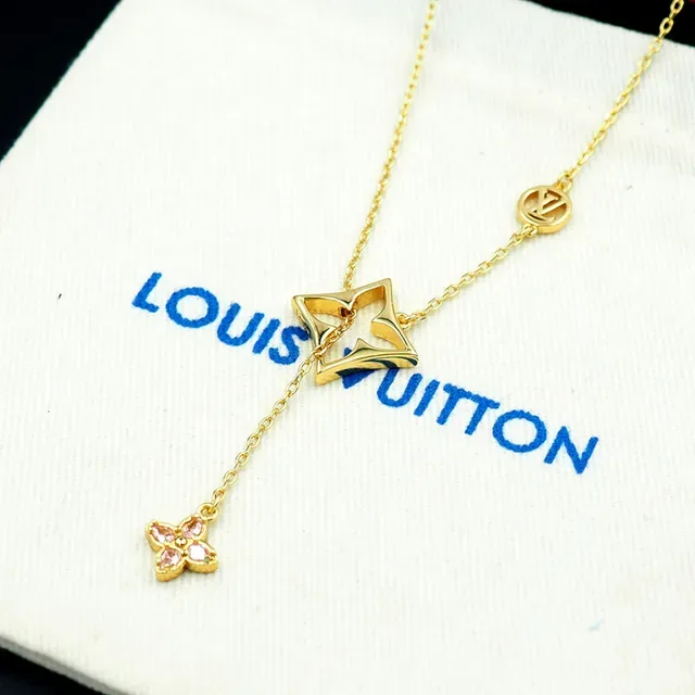 Colar Louis Vuitton Dourado Monogram Estrela e Flor de Cristal Rosa 4