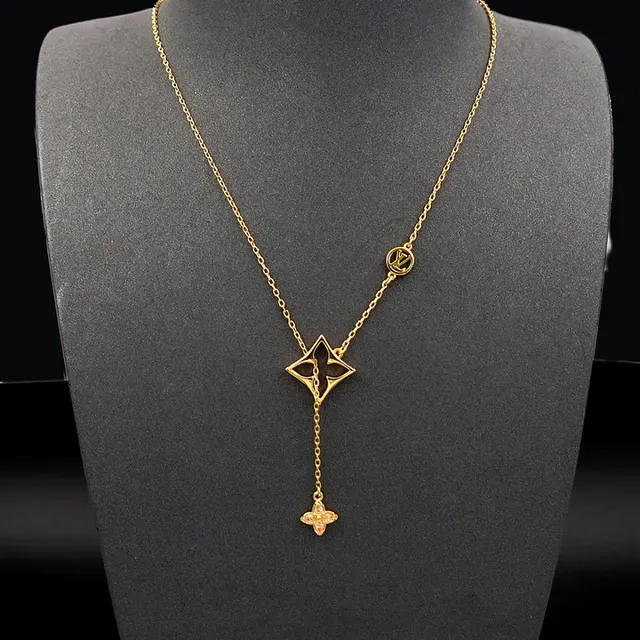 Colar Louis Vuitton Dourado Monogram Estrela e Flor de Cristal Rosa 8