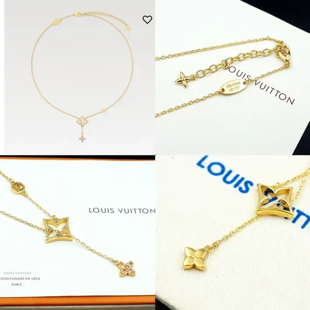 Colar Louis Vuitton Dourado Monogram Estrela e Flor de Cristal Rosa 12