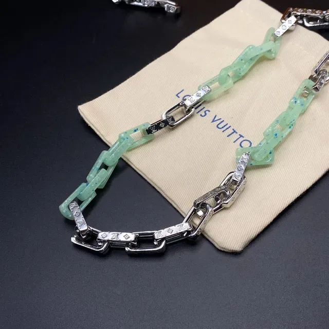 Louis Vuitton Jade Green and Silver Chain Link Necklaces 6