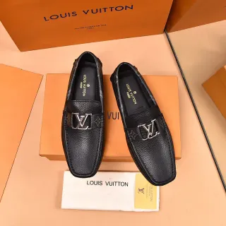Louis Vuitton Loafer Black Silver Pebbled Leather Metal LV Buckle Strap Loafer