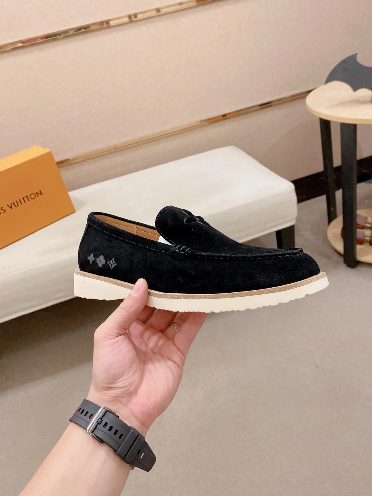 Louis Vuitton Loafer Black White Suede Upper Rubber Sole Loafer 4