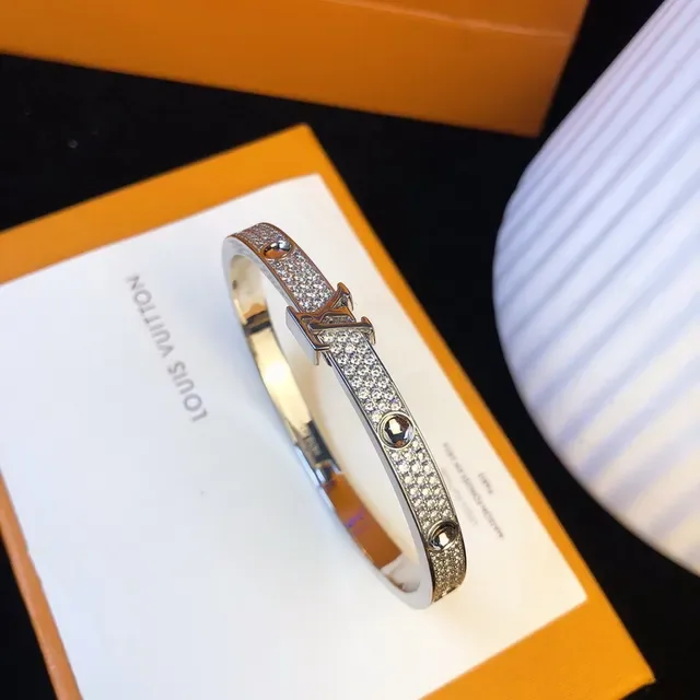 Louis Vuitton Lockit Silver White Hinged Bangle Pavé Crystal Band Bracelet 7