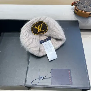 Louis Vuitton Logo Patch Beige Ribbed Knit Beanie