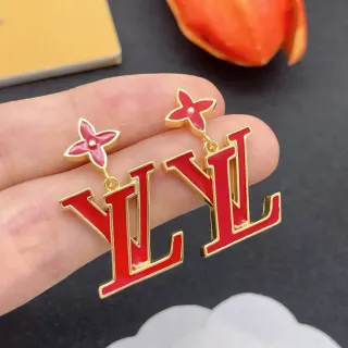 Brincos Louis Vuitton LV Flor Vermelho Esmalte Dourado