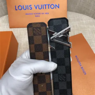 Louis Vuitton LV Initiales काला भूरा Damier Check कैनवास पॉलिश्ड सिल्वर-टोन बकल चमड़े की बेल्ट