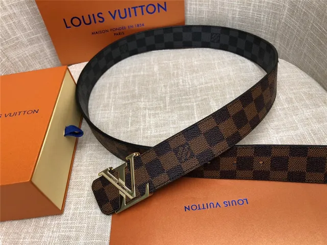 Louis Vuitton LV Initiales काला भूरा Damier Check कैनवास पॉलिश्ड सिल्वर-टोन बकल चमड़े की बेल्ट 2
