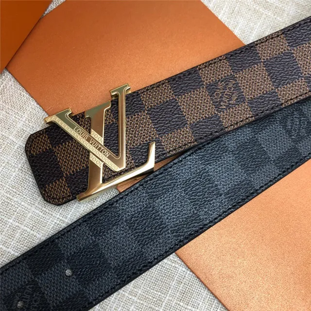 Louis Vuitton LV Initiales काला भूरा Damier Check कैनवास पॉलिश्ड सिल्वर-टोन बकल चमड़े की बेल्ट 3