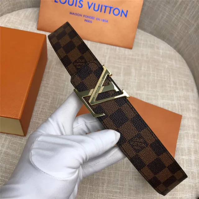 Louis Vuitton LV Initiales काला भूरा Damier Check कैनवास पॉलिश्ड सिल्वर-टोन बकल चमड़े की बेल्ट 4