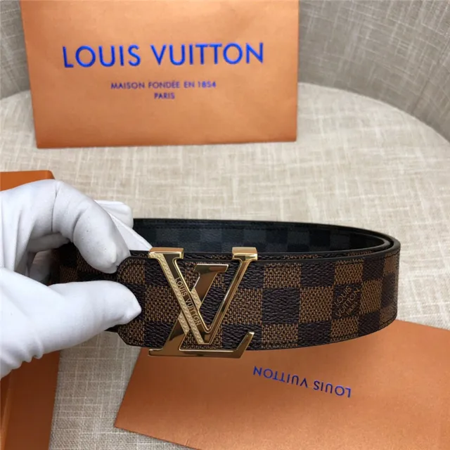 Louis Vuitton LV Initiales काला भूरा Damier Check कैनवास पॉलिश्ड सिल्वर-टोन बकल चमड़े की बेल्ट 5