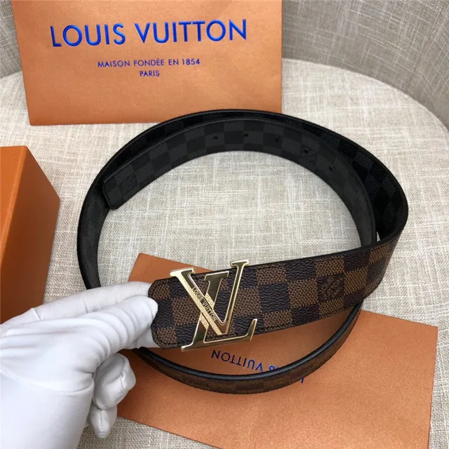 Louis Vuitton LV Initiales काला भूरा Damier Check कैनवास पॉलिश्ड सिल्वर-टोन बकल चमड़े की बेल्ट 6