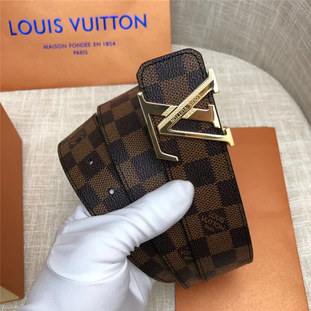 Louis Vuitton LV Initiales काला भूरा Damier Check कैनवास पॉलिश्ड सिल्वर-टोन बकल चमड़े की बेल्ट 7