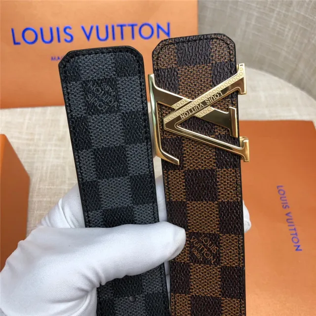 Louis Vuitton LV Initiales काला भूरा Damier Check कैनवास पॉलिश्ड सिल्वर-टोन बकल चमड़े की बेल्ट 8