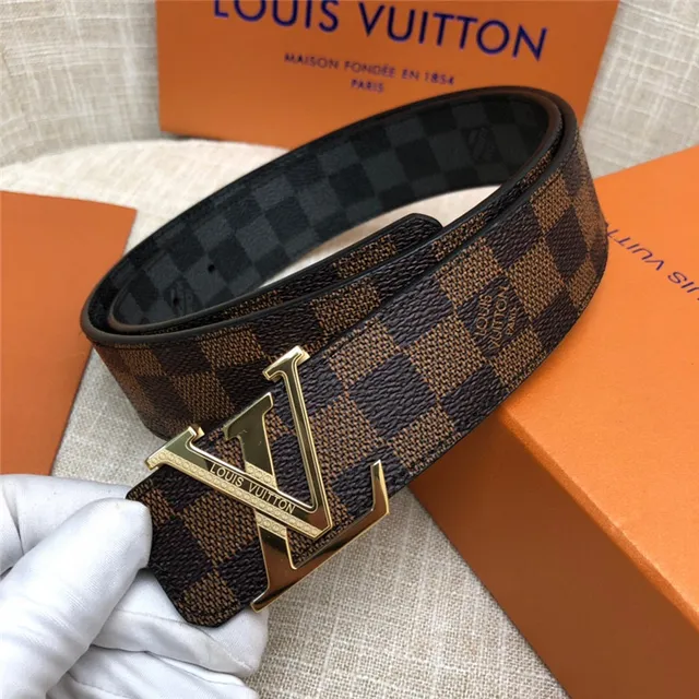 Louis Vuitton LV Initiales काला भूरा Damier Check कैनवास पॉलिश्ड सिल्वर-टोन बकल चमड़े की बेल्ट 9