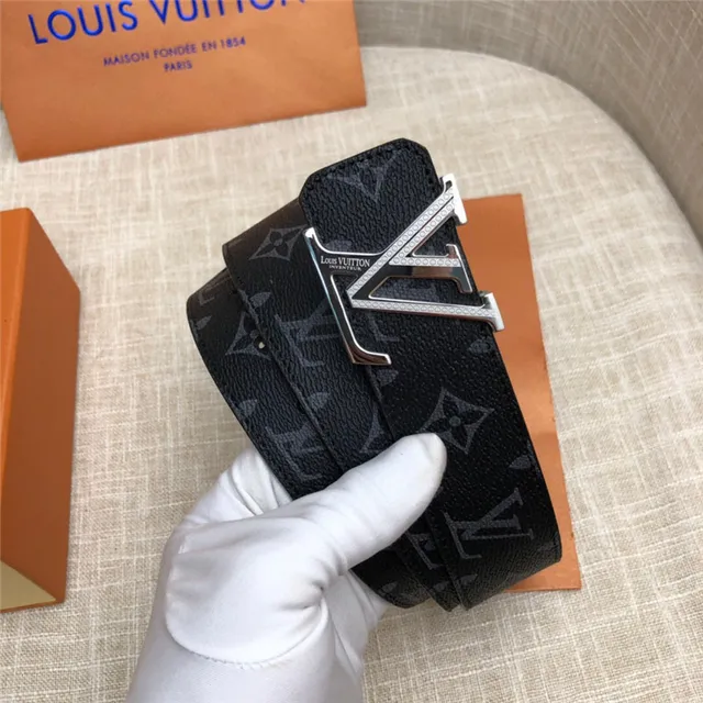 Louis Vuitton LV Initiales काला भूरा Damier Check कैनवास पॉलिश्ड सिल्वर-टोन बकल चमड़े की बेल्ट 11