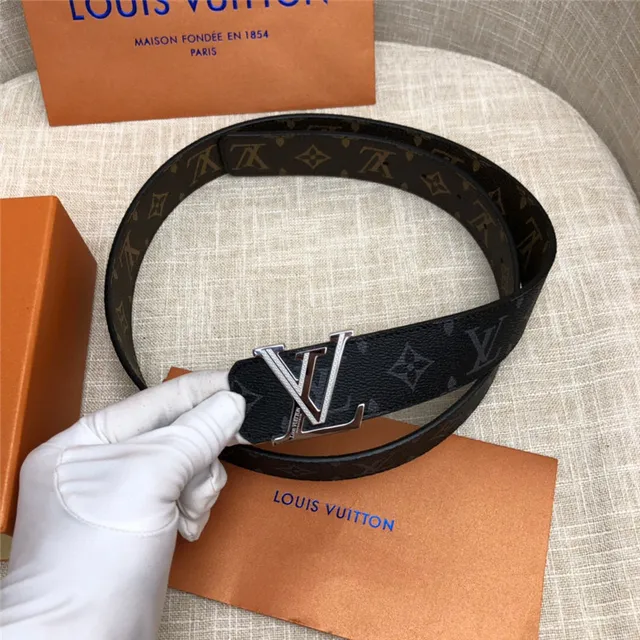 Louis Vuitton LV Initiales काला भूरा Damier Check कैनवास पॉलिश्ड सिल्वर-टोन बकल चमड़े की बेल्ट 12