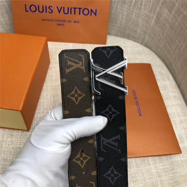 Louis Vuitton LV Initiales काला भूरा Damier Check कैनवास पॉलिश्ड सिल्वर-टोन बकल चमड़े की बेल्ट 15