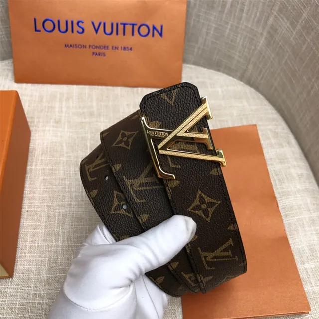 Louis Vuitton LV Initiales काला भूरा Damier Check कैनवास पॉलिश्ड सिल्वर-टोन बकल चमड़े की बेल्ट 22