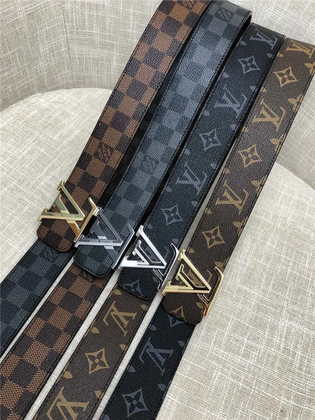 Louis Vuitton LV Initiales काला भूरा Damier Check कैनवास पॉलिश्ड सिल्वर-टोन बकल चमड़े की बेल्ट 24