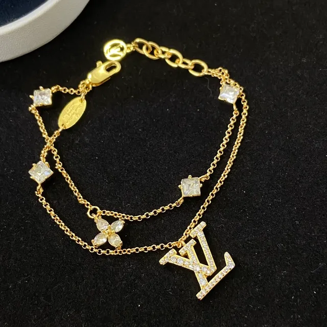Louis Vuitton LV Initiales Pulsera Cadena Doble Dorada Transparente Pavé-Crystal Logo 2